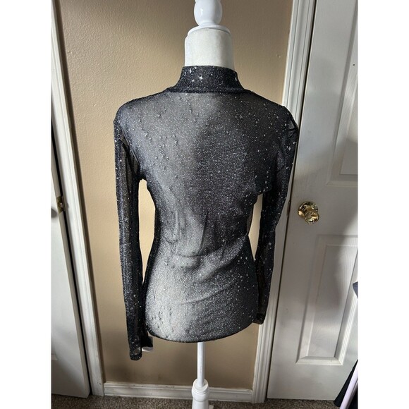 MangoPop Long Sleeve Top Size L Black Sheer Celestial Stars Mock Neck Glitter - Picture 3 of 10